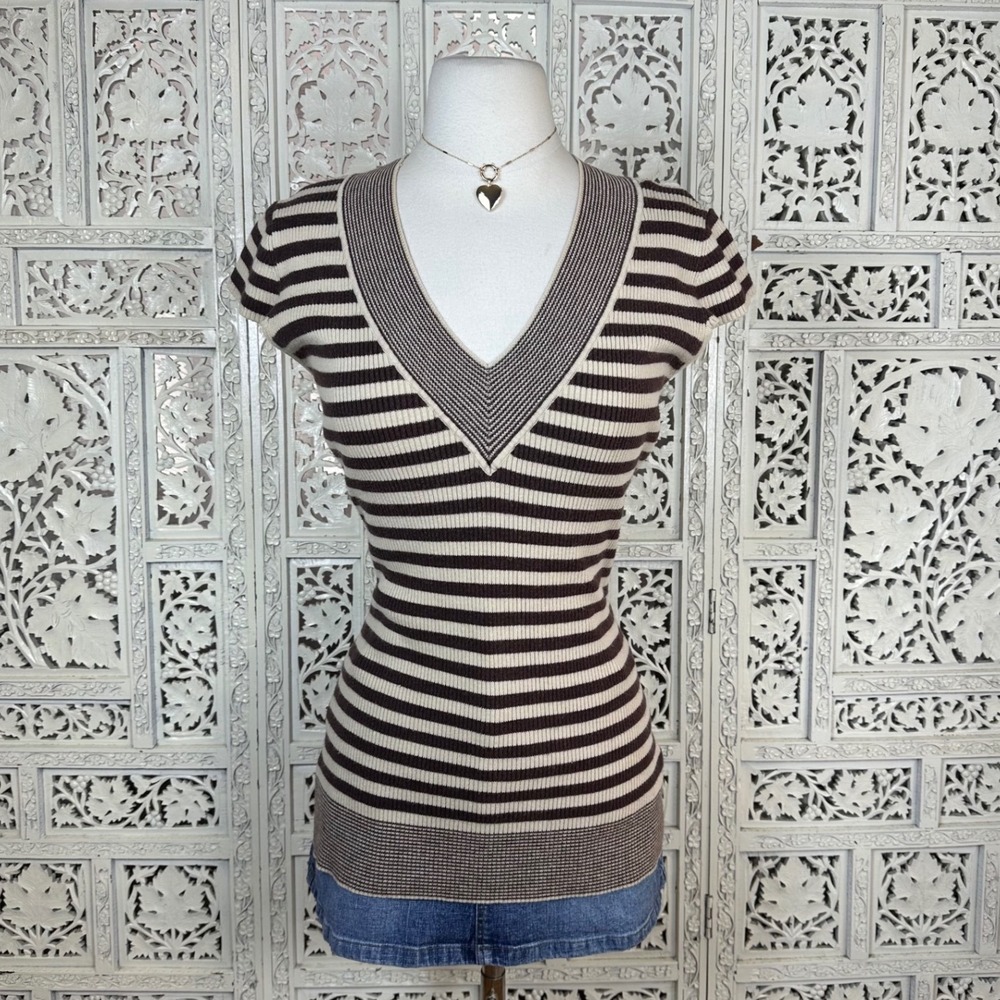 Y2K‎ Brown & Cream Short Sleeve Striped Ribbed V Neck Stretchy Top Sz XL Fits M